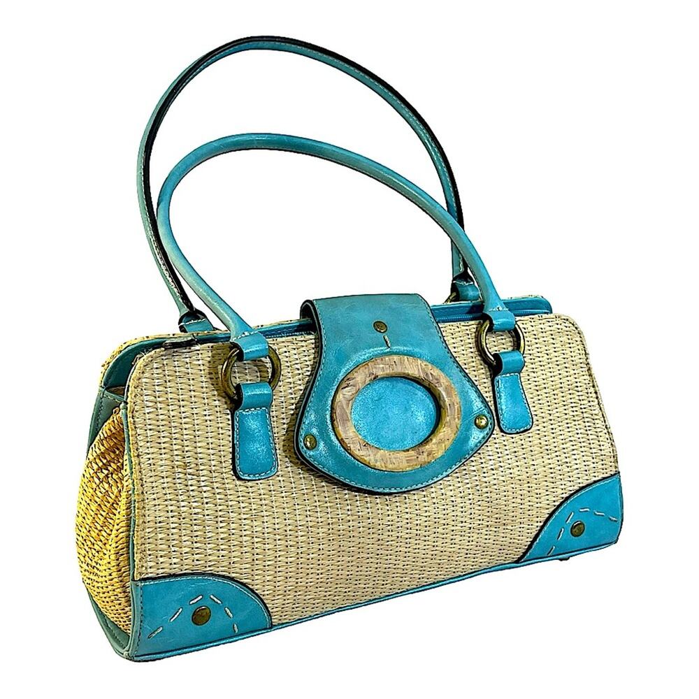 VINTAGE faux straw and aqua leather satchel or shoulder bag